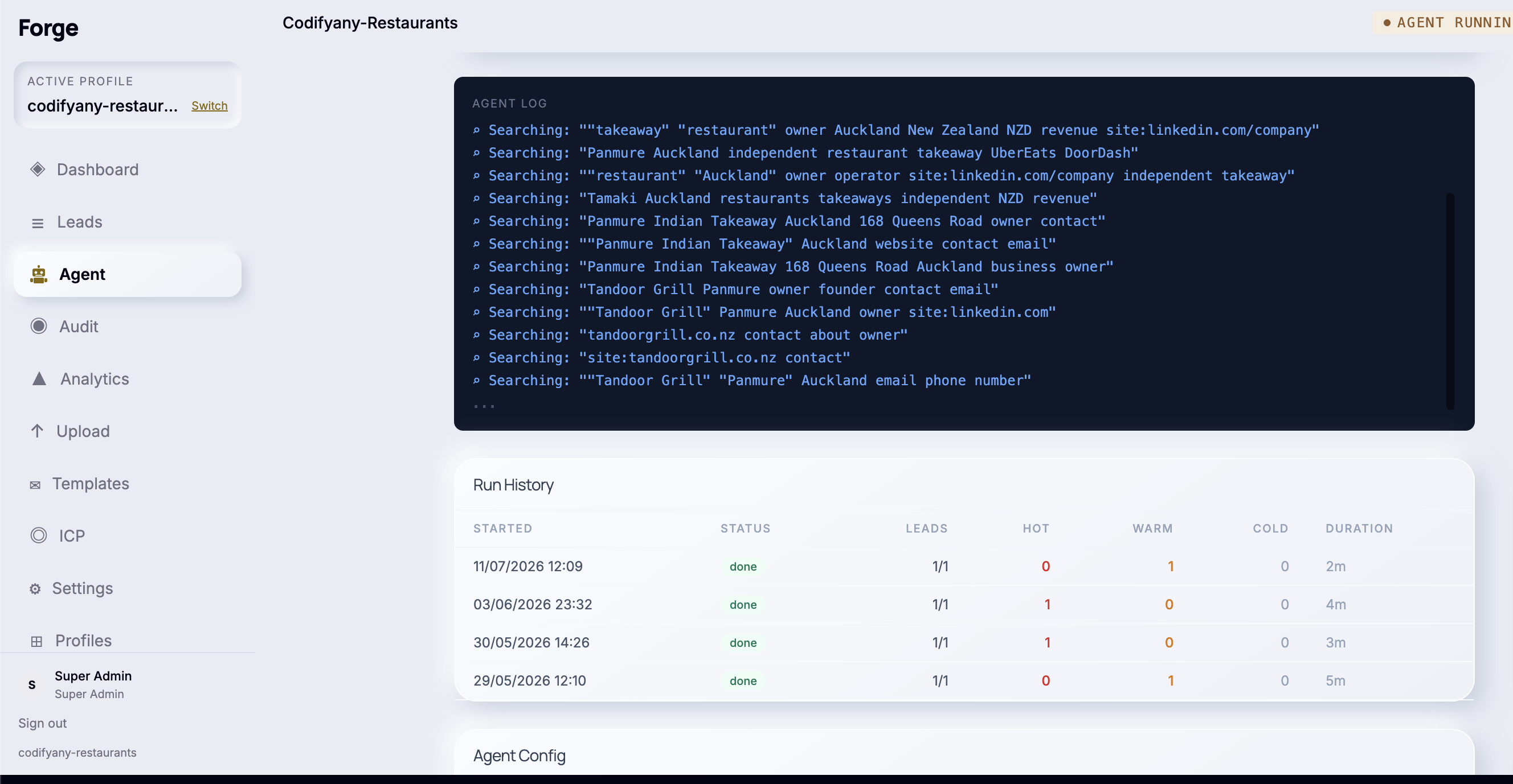 Forge lead agent screen showing discovered leads with scores and tiers