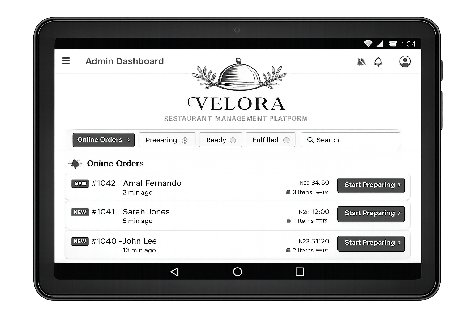 Android tablet pre-configured with Velora admin dashboard